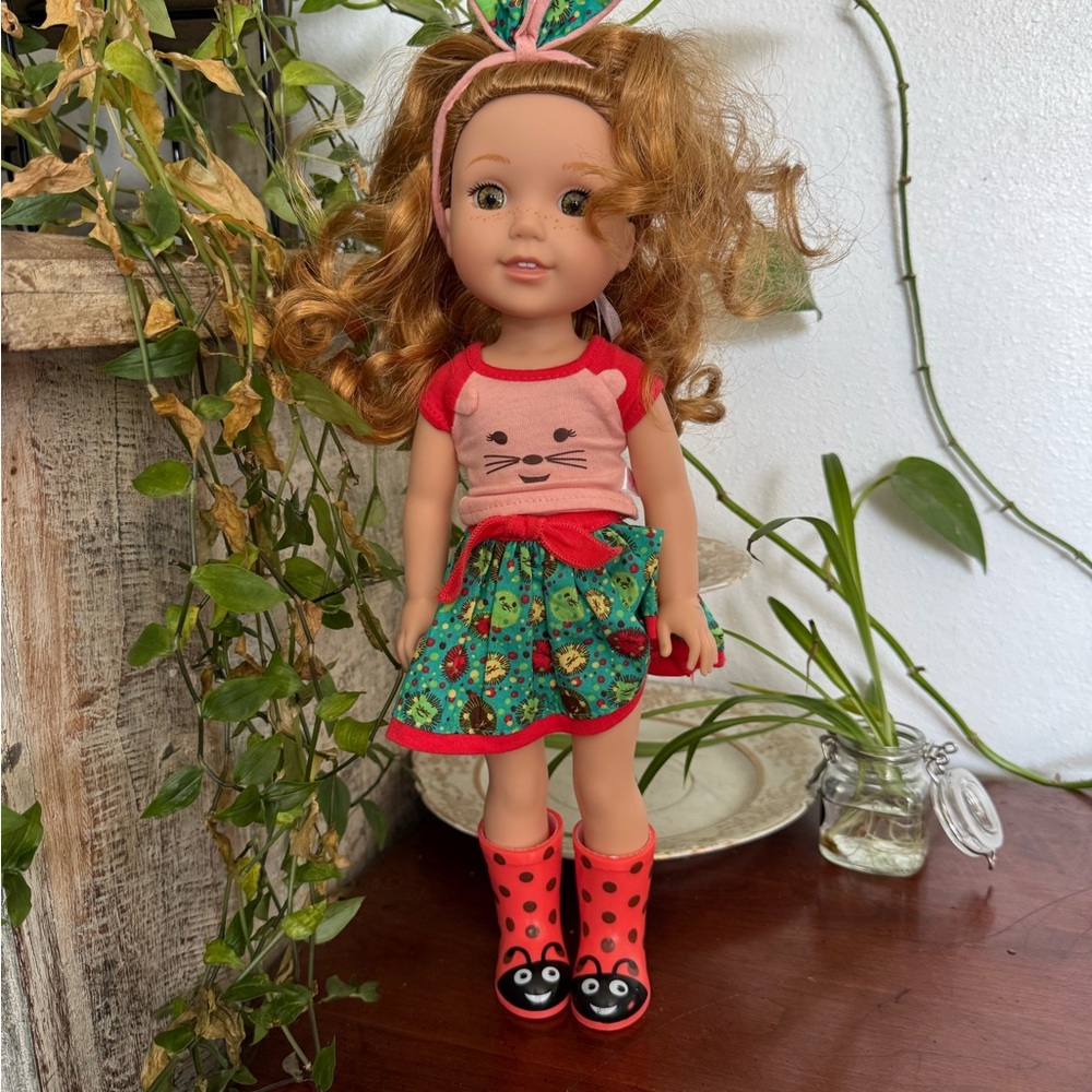 Adorable Doll with Red and Green Outfit Rainboots Wellie Wisher American Girl